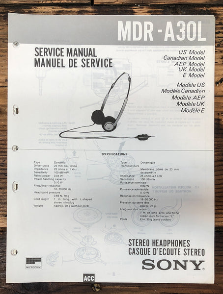 Sony MDR-A30L Headphones  Service Manual *Original*