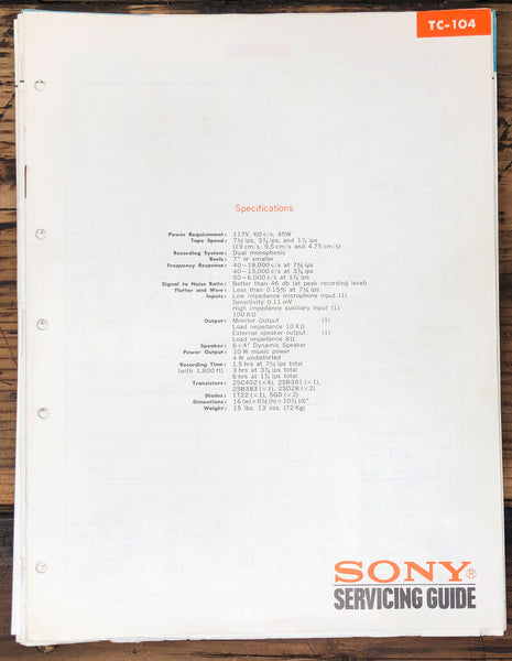 Sony TC-104 Tape  Service Manual *Original*