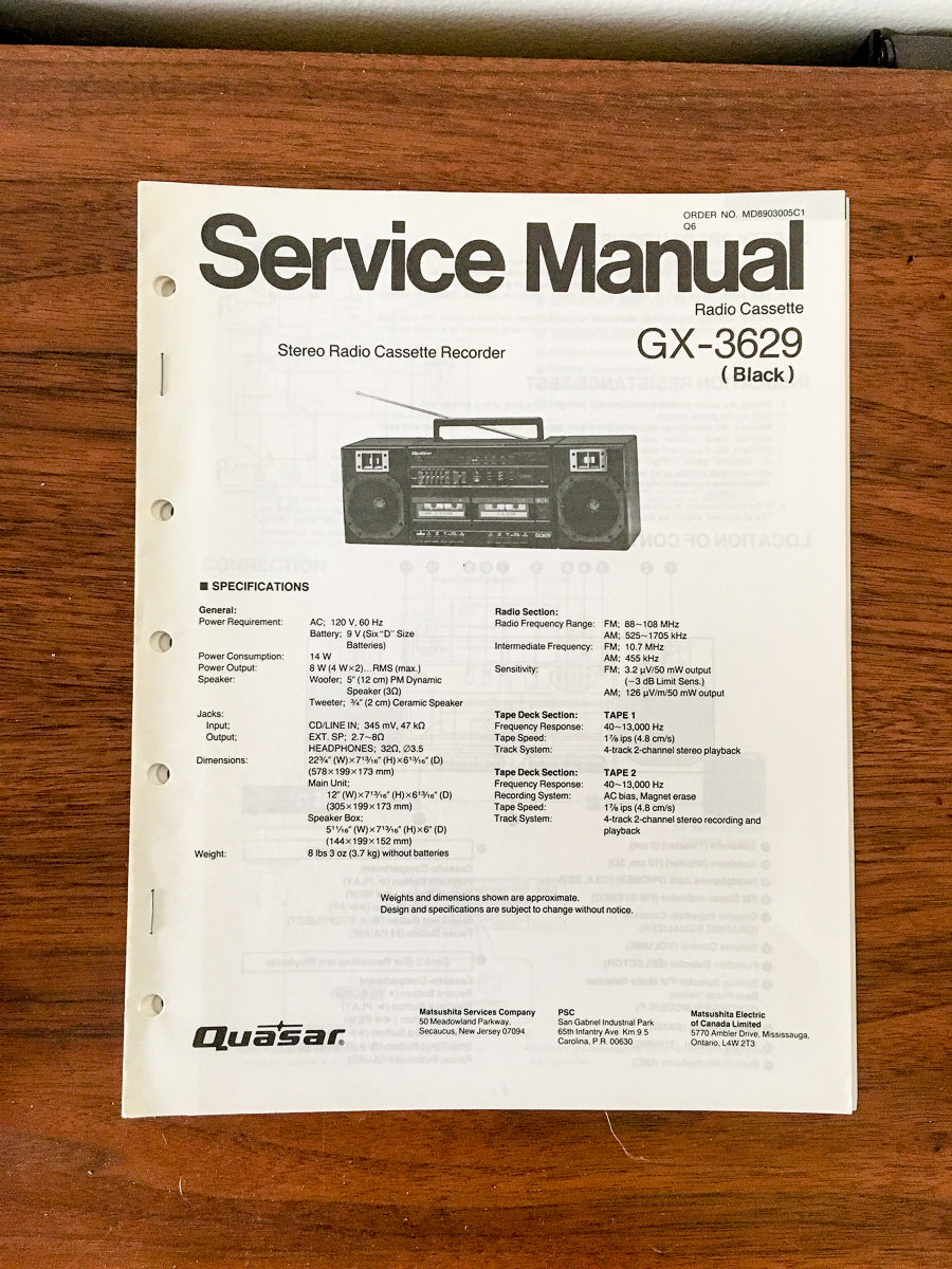 Quasar / Technics GX-3629 Radio Cassette Service Manual *Original*