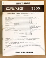 Craig Model 3305 8 Track Stereo Service Manual *Original*