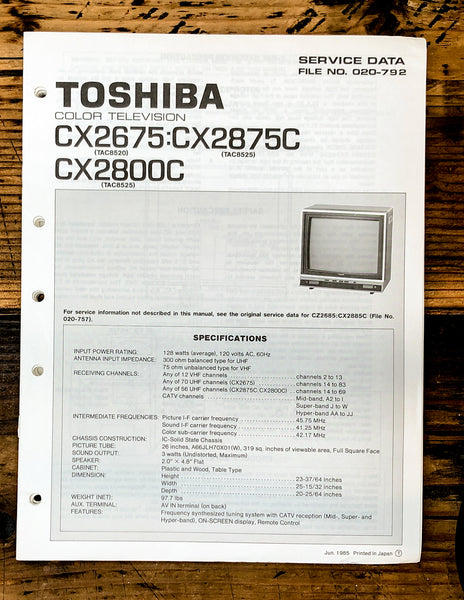 Toshiba CX2675 CX2875C CX2800C TV Television Service Manual *Original*