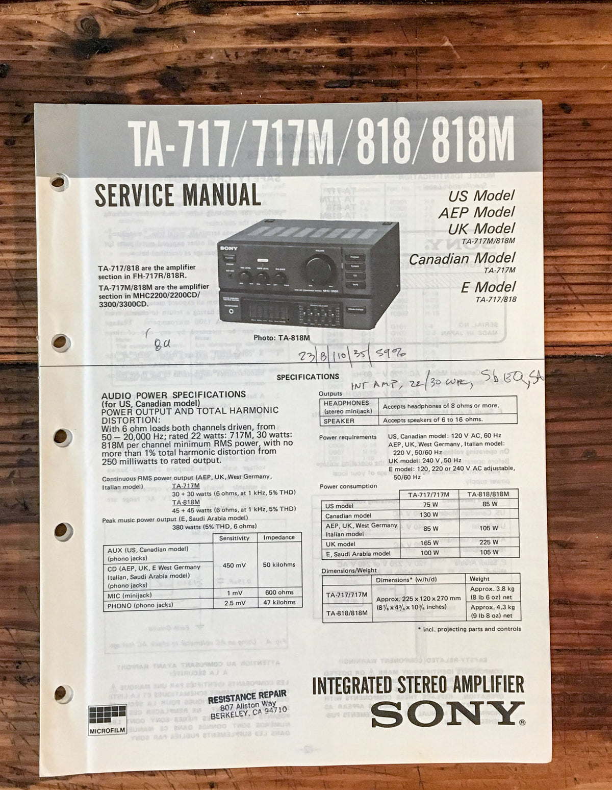 Sony TA-717 TA-818 Amplifier  Service Manual *Original*