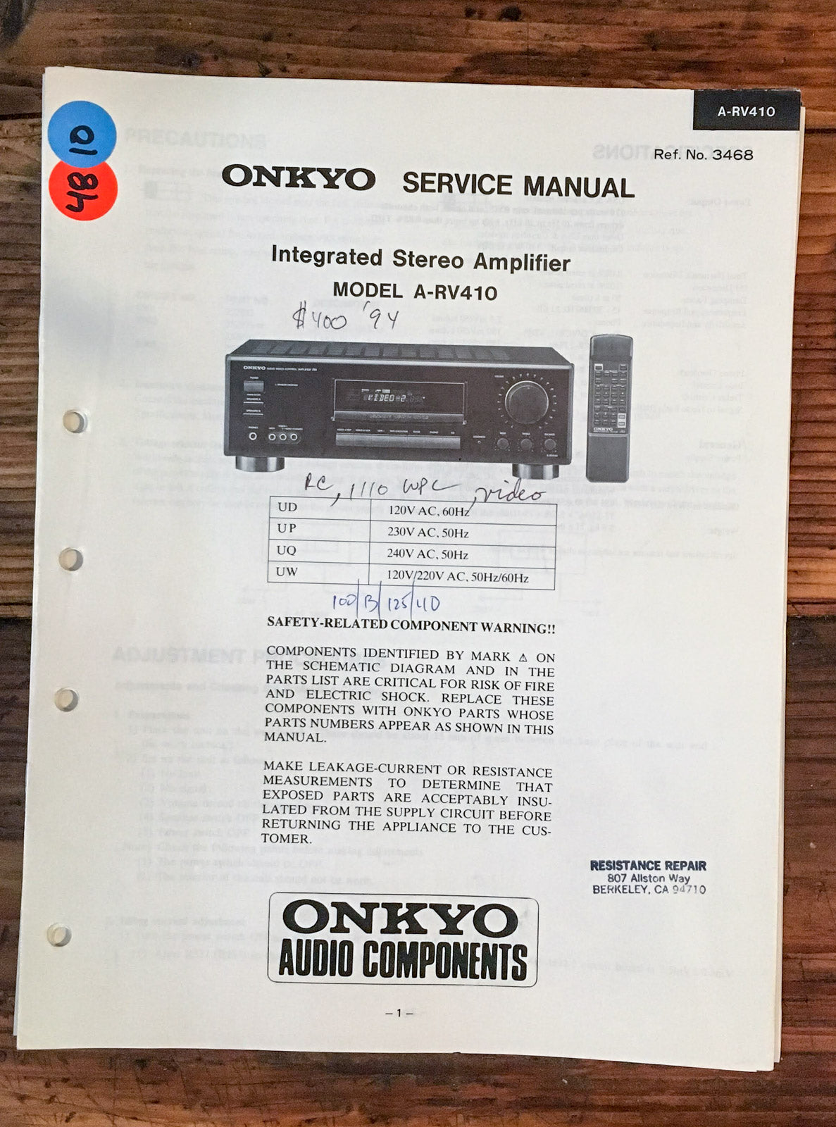 Onkyo A-RV410 Amplifier  Service Manual *Original*