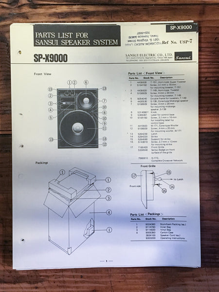 Sansui SP-X9000 Speaker Parts List Manual *Original*