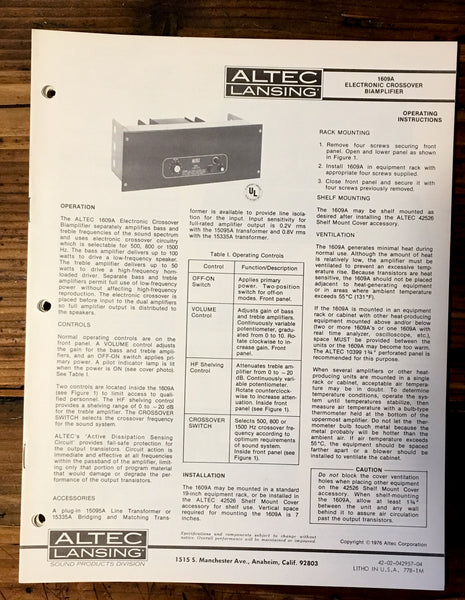 Altec Model 1609A Crossover Owner / Operating Manual *Original*