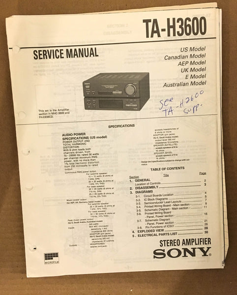 Sony TA-H3600 Preamp / Preamplifier Service Manual *Original*