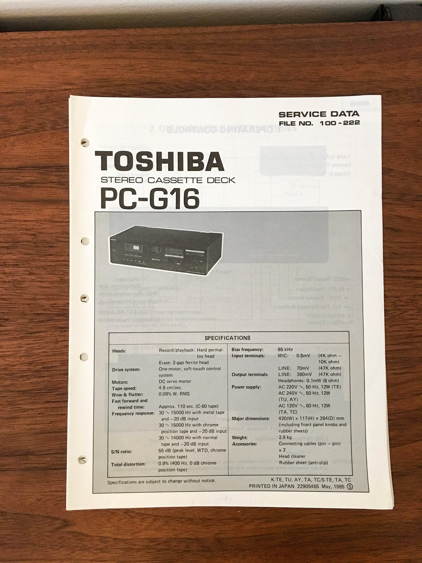Toshiba PC-G16 Cassette Deck Service Manual *Original*