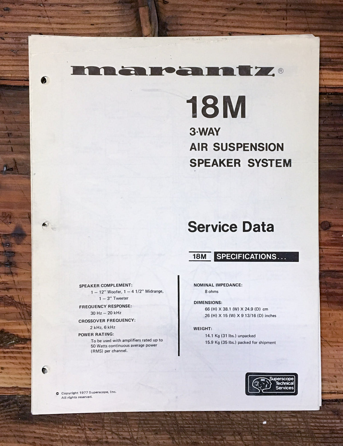 Marantz Model 18M 18-M Speaker  Service Sheet *Original*