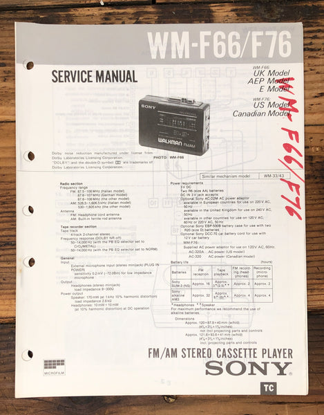 Sony WM-F66 WM-F76 Cassette Player  Service Manual *Original*