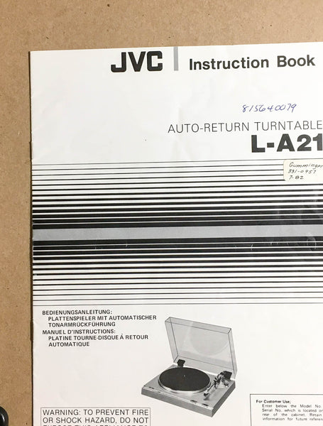 JVC L-A21 Record Player / Turntable  Owners Manual *Original*