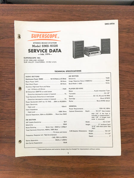 Superscope SMS-6026 Music System / Stereo Service Manual *Original*