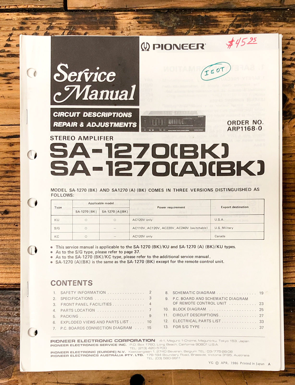 Pioneer SA-1270 Amplifier Service Manual *Original* #1