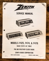 Zenith F425 F474 F476 Radio  Service Manual *Original*