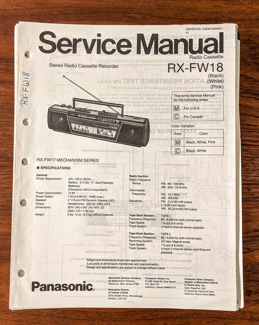 Panasonic RX-FW18 Radio Cassette Service Manual *Original*