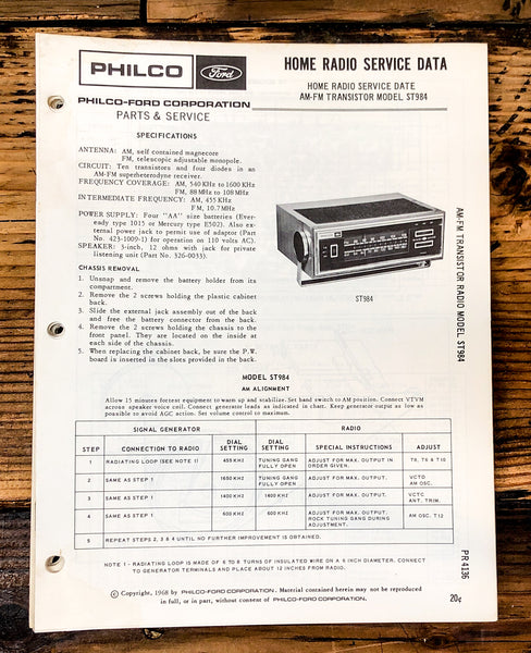 Philco Ford ST984 Radio Service Manual *Original*