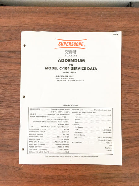 Superscope / Marantz C-104 Cassette Service Manual *Original* Addendum