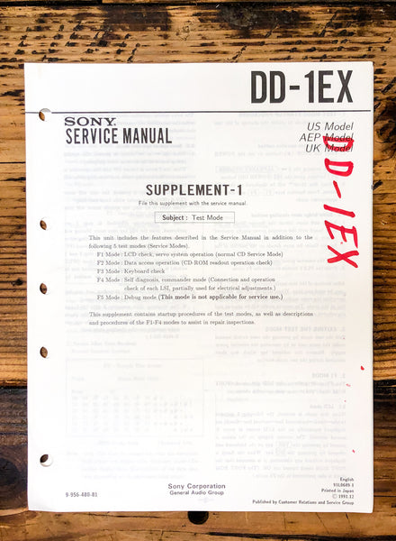 Sony DD-1EX Cassette Supp. Service Manual *Original*