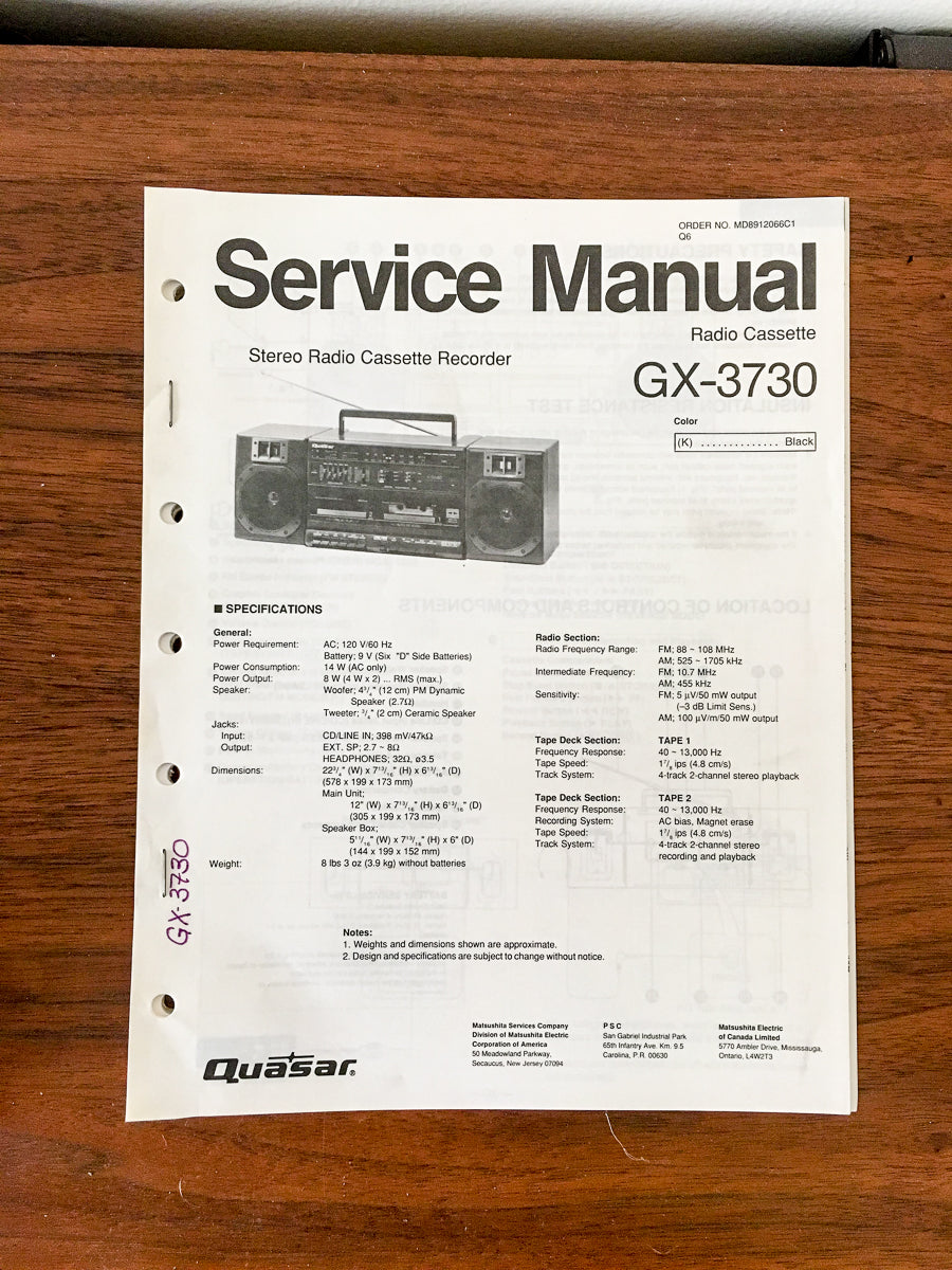 Quasar / Technics GX-3730 Radio Cassette Service Manual *Original*