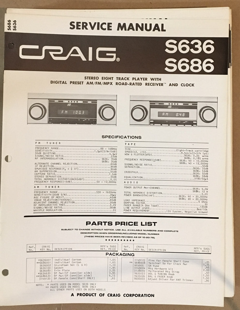 Craig Model S636 S686 Car Stereo Service Manual *Original*