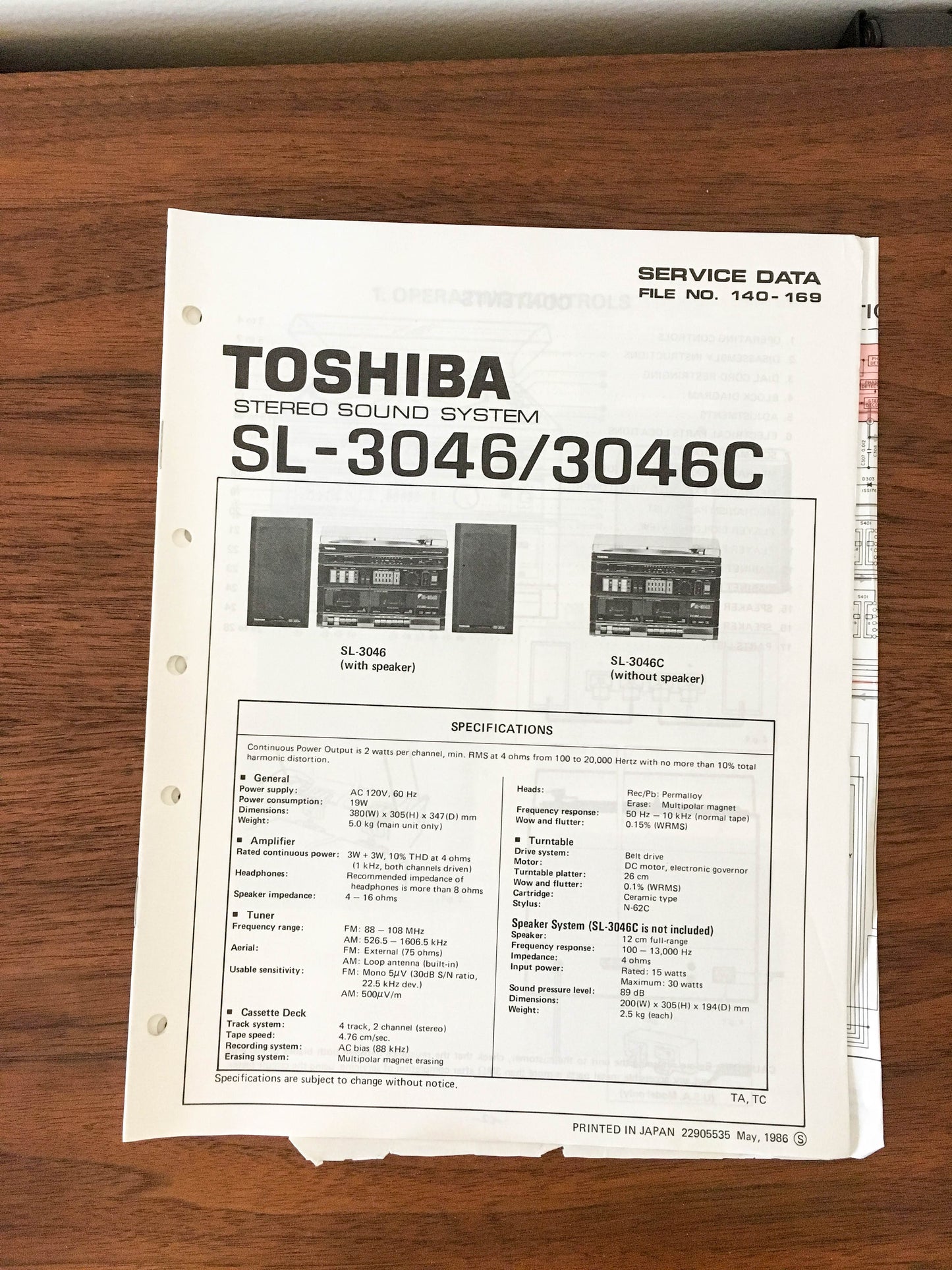 Toshiba SL-3046 SL-3046C STEREO Service Manual *Original*