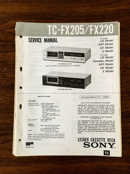 Sony TC-FX205 TC-FX220 Cassette Service Manual *Original*