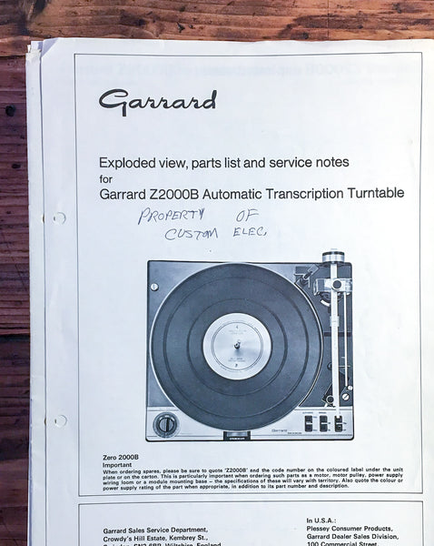 Garrard Model Z2000B Z-2000-B Record Player  Service Manual *Original*