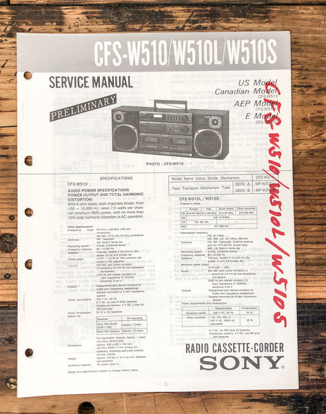 Sony CFS-W510 -W510L -W510S Radio / Boombox Prelim. Service Manual *Original*