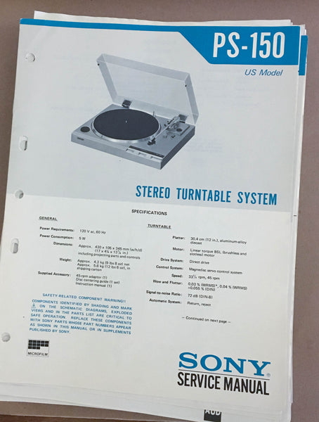 Sony PS-150 Turntable Record Player  Service Manual *Original*