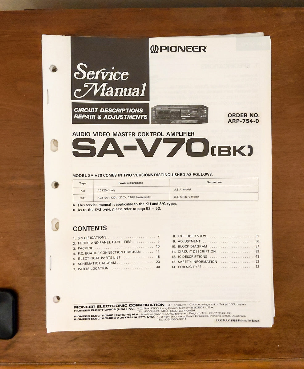Pioneer SA-V70 Amplifier Service Manual *Original*