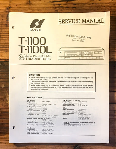 Sansui T-1100 T-1100L Tuner Service Manual *Original*