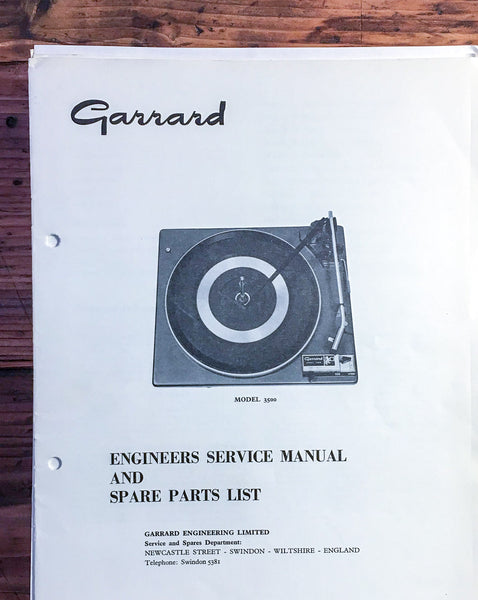 Garrard Model 3500 Record Player  Service Manual *Original*