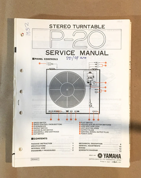 Yamaha P-20 Record Player / Turntable  Service Manual *Original*