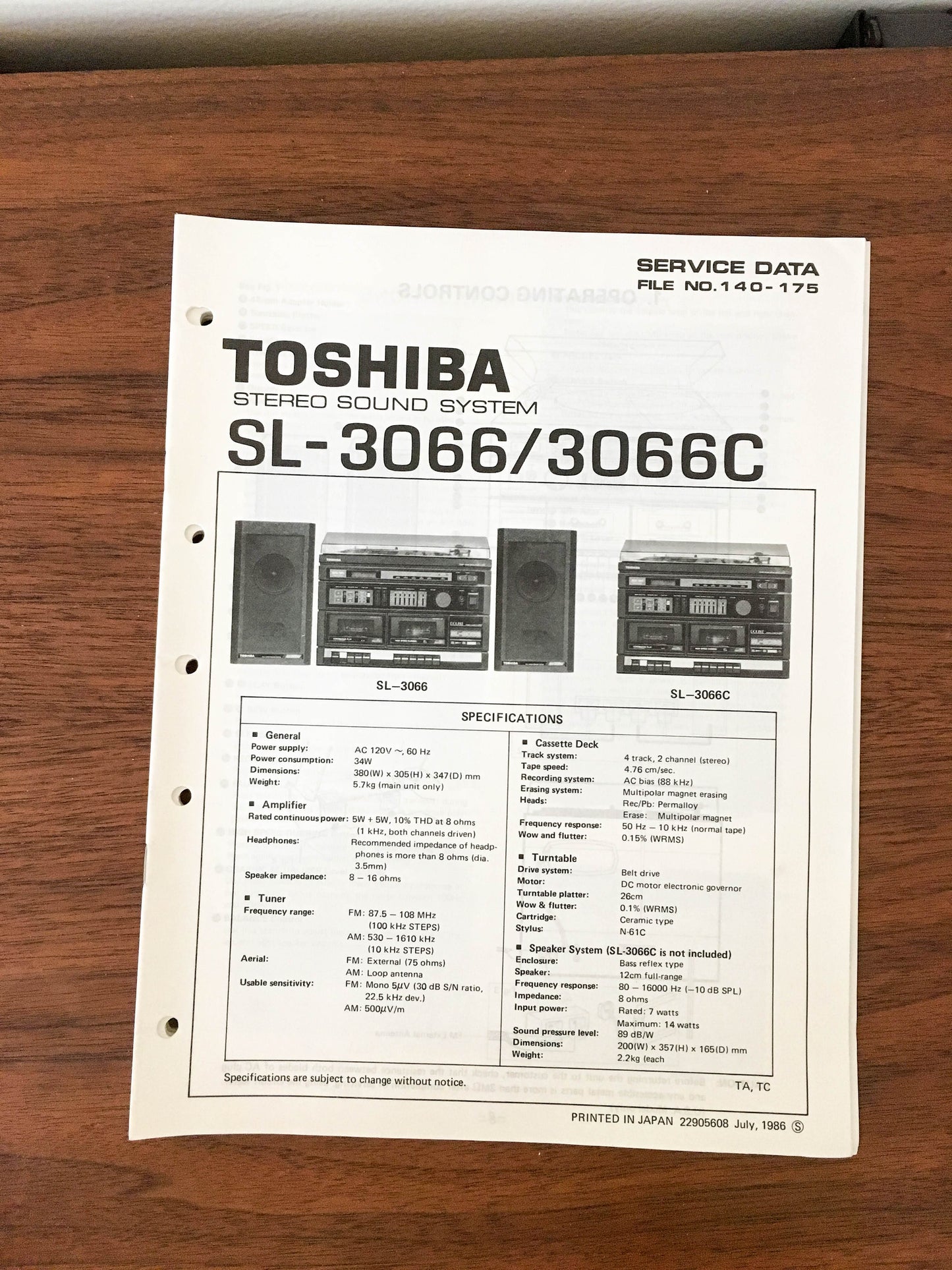 Toshiba SL-3066 SL-3066C STEREO Service Manual *Original*
