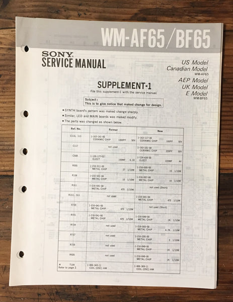 Sony WM-AF65 WM-BF65 Cassette Service Manual Supplement *Original*