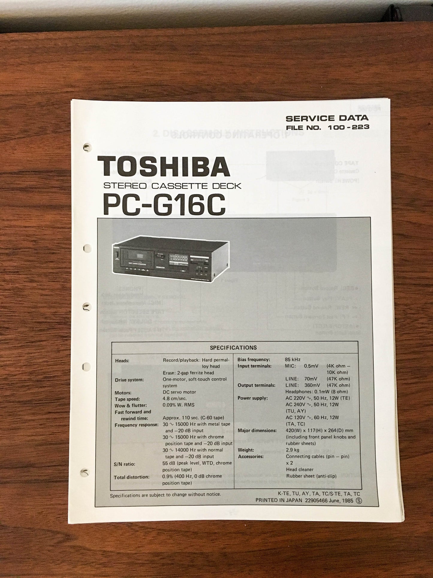 Toshiba PC-G16C Cassette Deck Service Manual *Original*