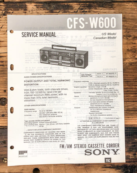 Sony CFS-W600 Radio / Boombox  Service Manual *Original*