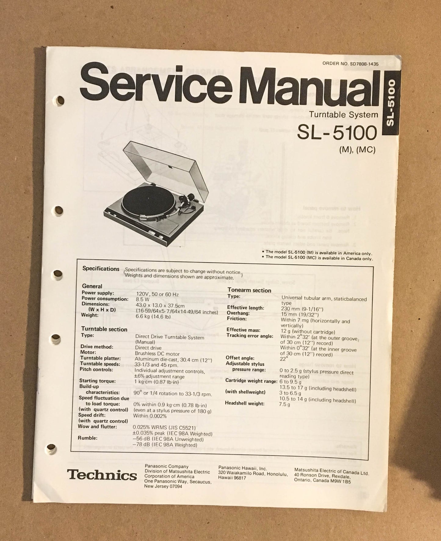 TECHNICS SL-5100 TURNTABLE RECORD PLAYER  Service Manual *Original*