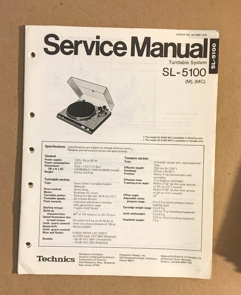 TECHNICS SL5100 TURNTABLE RECORD PLAYER Service Manual *Original
