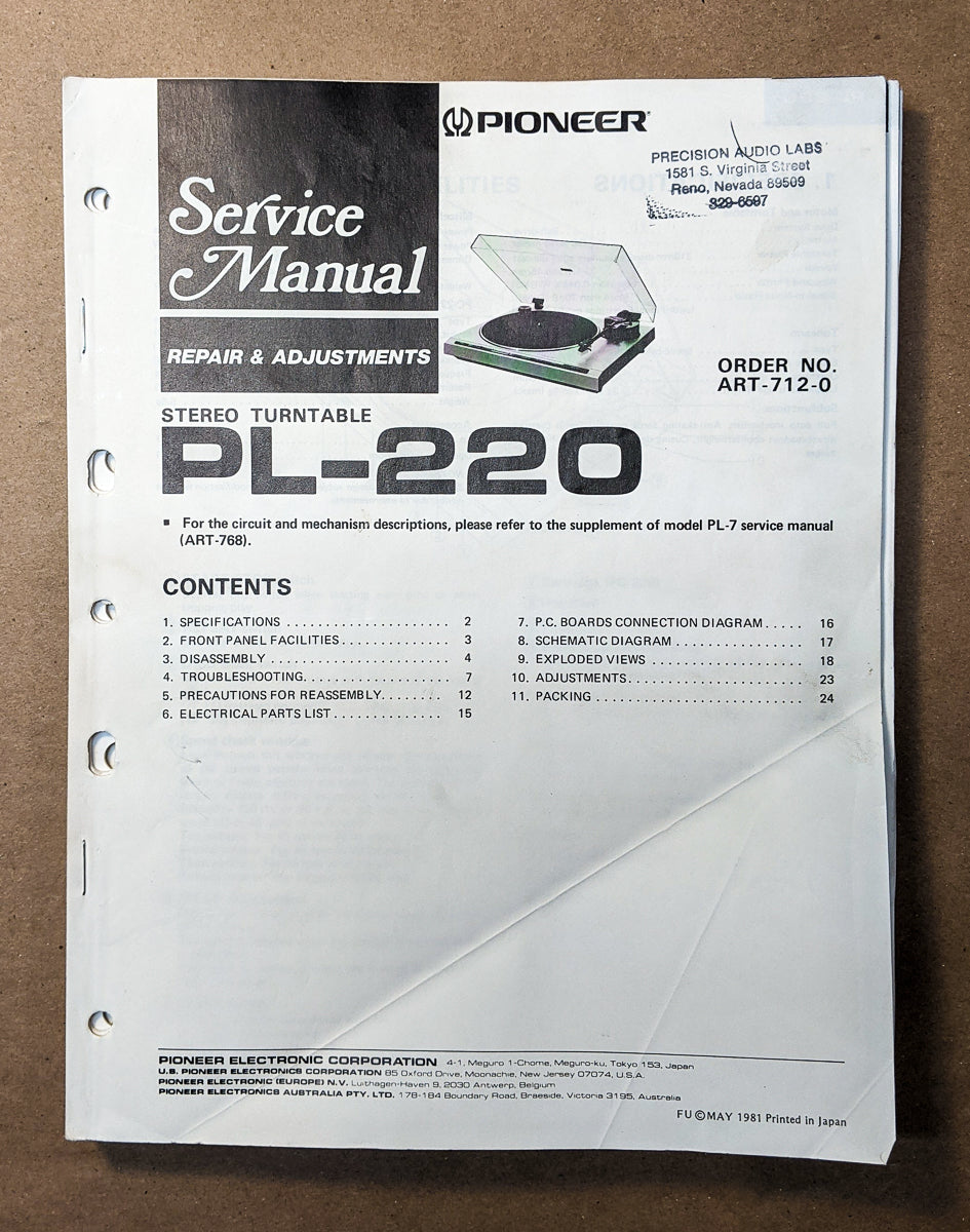 Pioneer PL-220 Record Player / Turntable  Service Manual *Original*