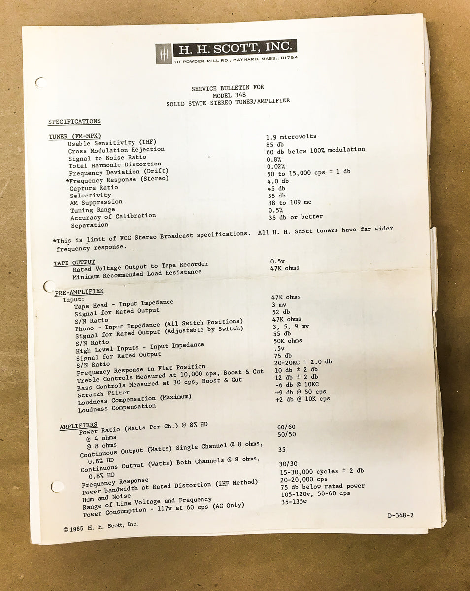 H.H. Scott Model 348 Service Bulletin *Original* – Vintage Audio Store ...