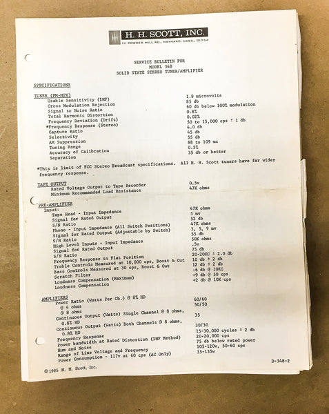 H.H. Scott Model 348  Service Bulletin *Original*