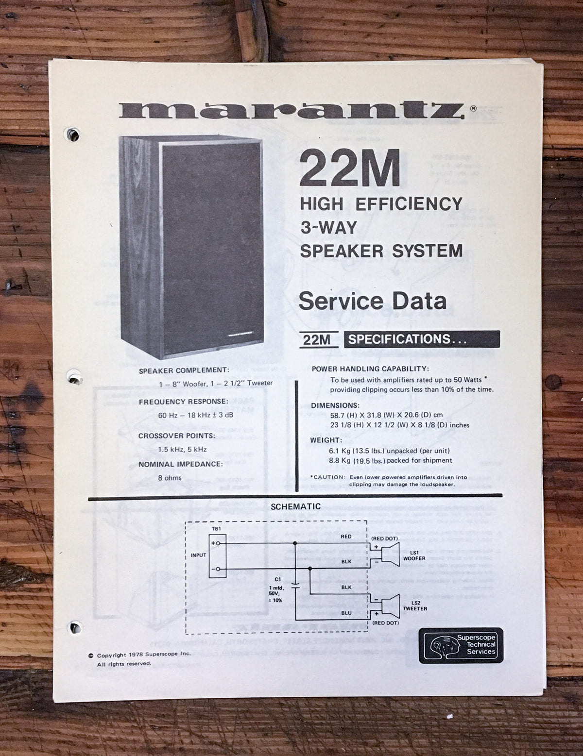Marantz Model 22M 22-M Speaker  Service Sheet *Original*