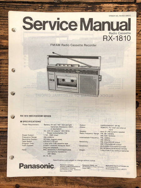 Panasonic RX-1810 Radio / Boombox  Service Manual *Original*