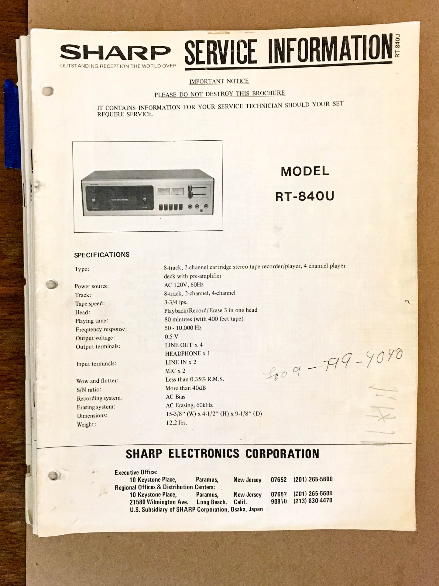 Sharp RT-840U 8 Track Tape Deck  Service Manual *Original*