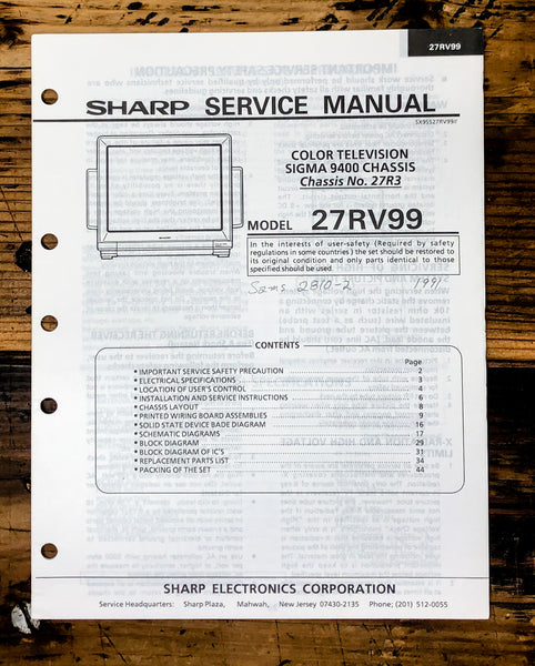 Sharp 27RV99 TV / Television Service Manual *Original*