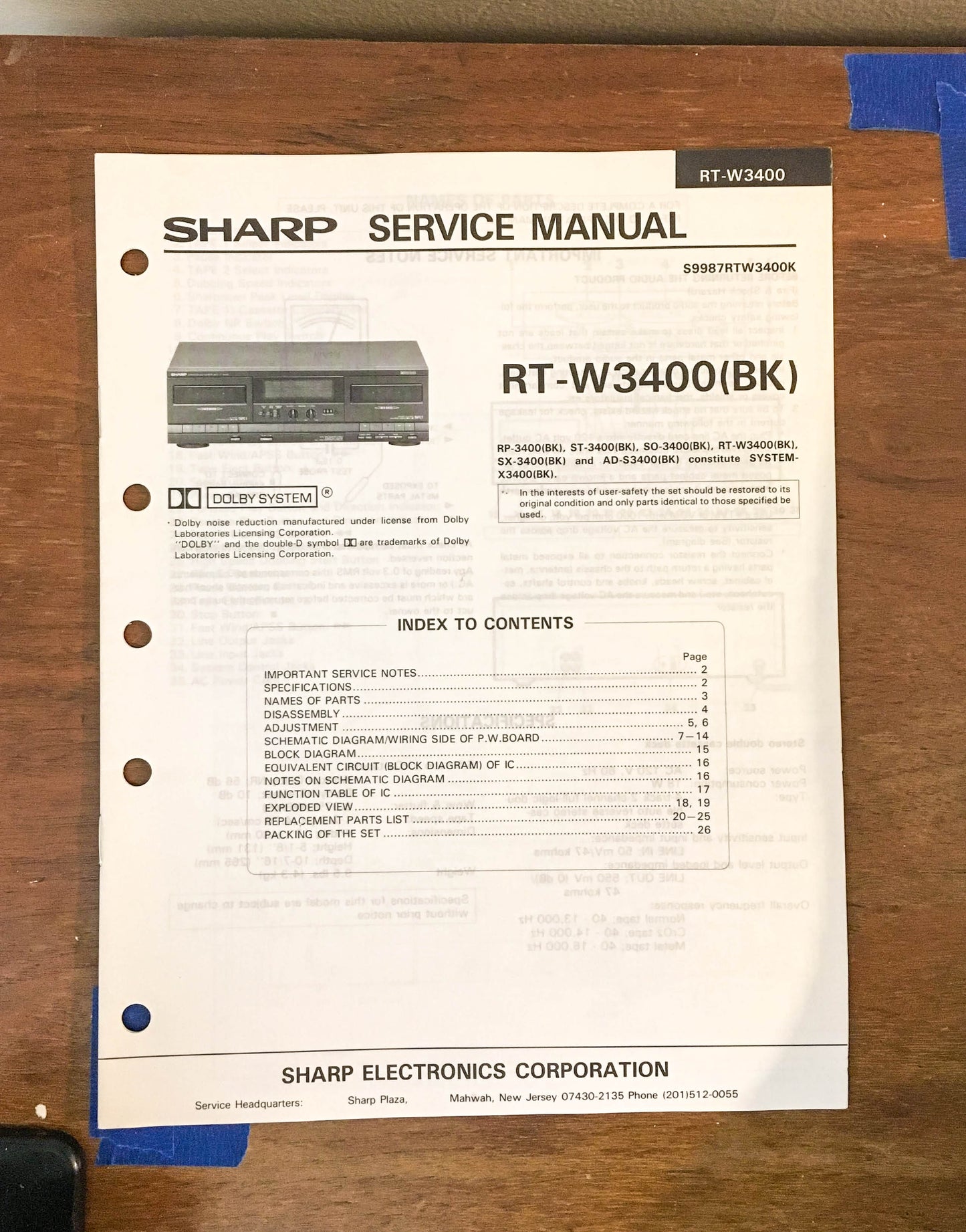 Sony RT-W3400 Cassette Service Manual *Original*