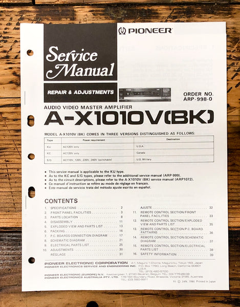 Pioneer A-X1010 Amplifier Service Manual *Original* #2