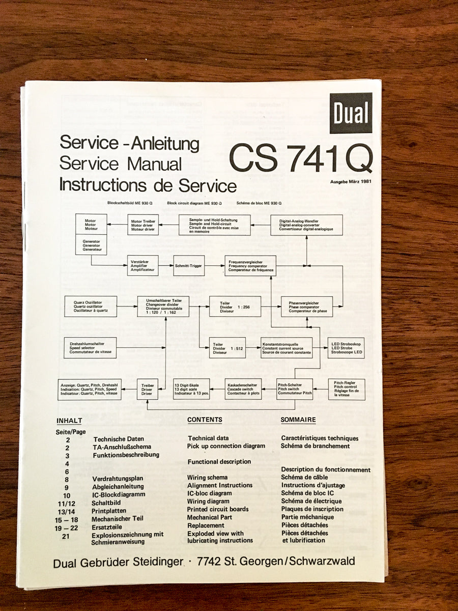 Dual CS 741 Q Record Player / Turntable Service Manual *Original*