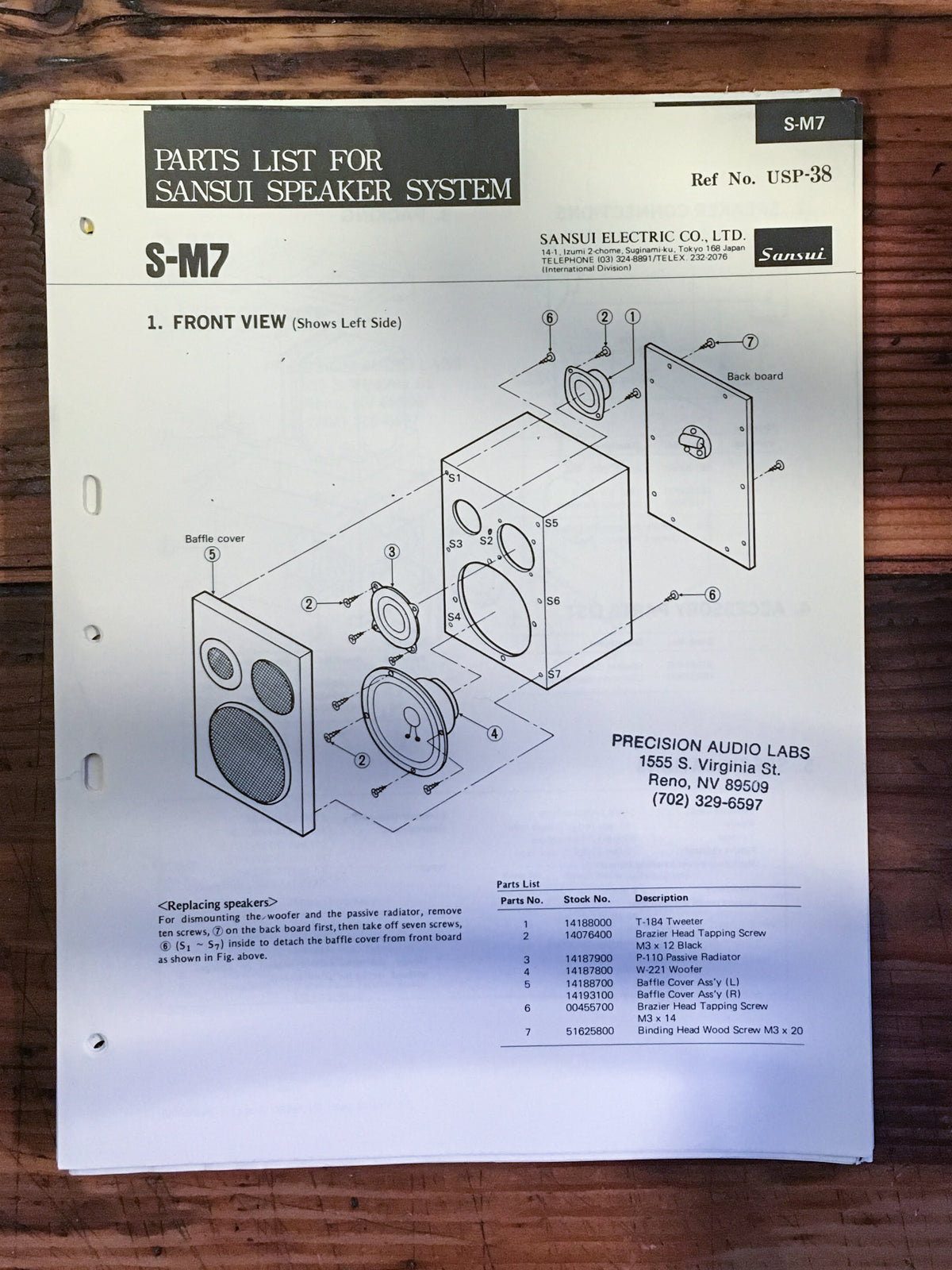 Sansui SP-M7 Speaker Parts List Manual *Original*