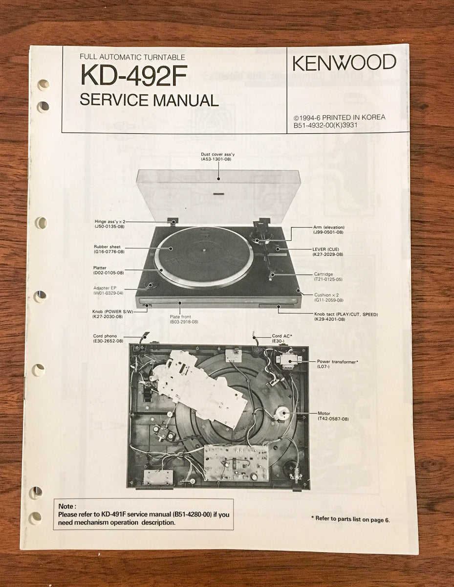 Kenwood KD492F RECORD PLAYER / TURNTABLE Service Manual *Original